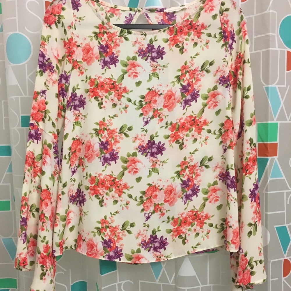 Silky floral bell sleeve blouse, with cutout back
